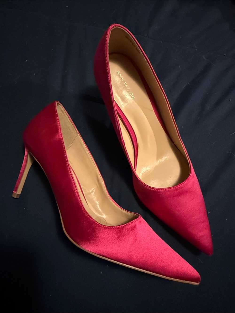 Ann Taylor Red Satin Pointed Toe Stiletto Heels